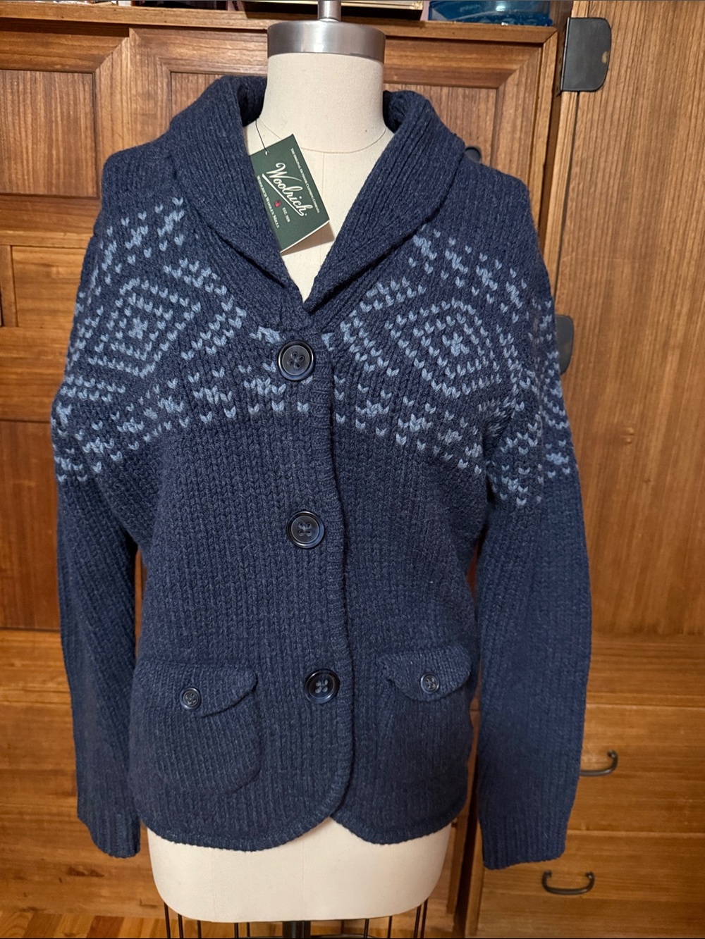 Woolrich Vintage Chester Valley Navy Shawl Fair Isle Sweater Jacket size S NWT